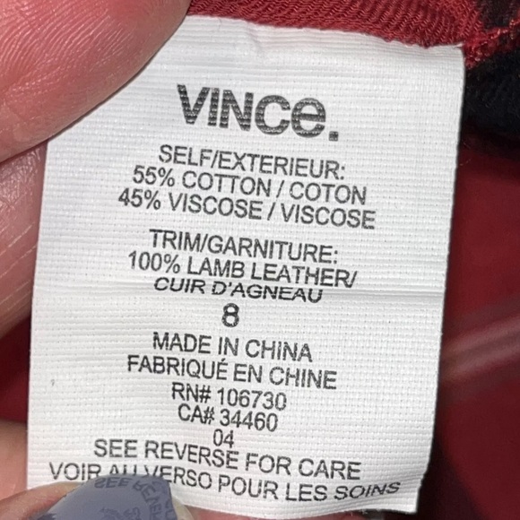 VINCE RED BLACK Plaid long tunic Shirt Leather Band Collar Button Up, Pockets, M - Picture 5 of 10